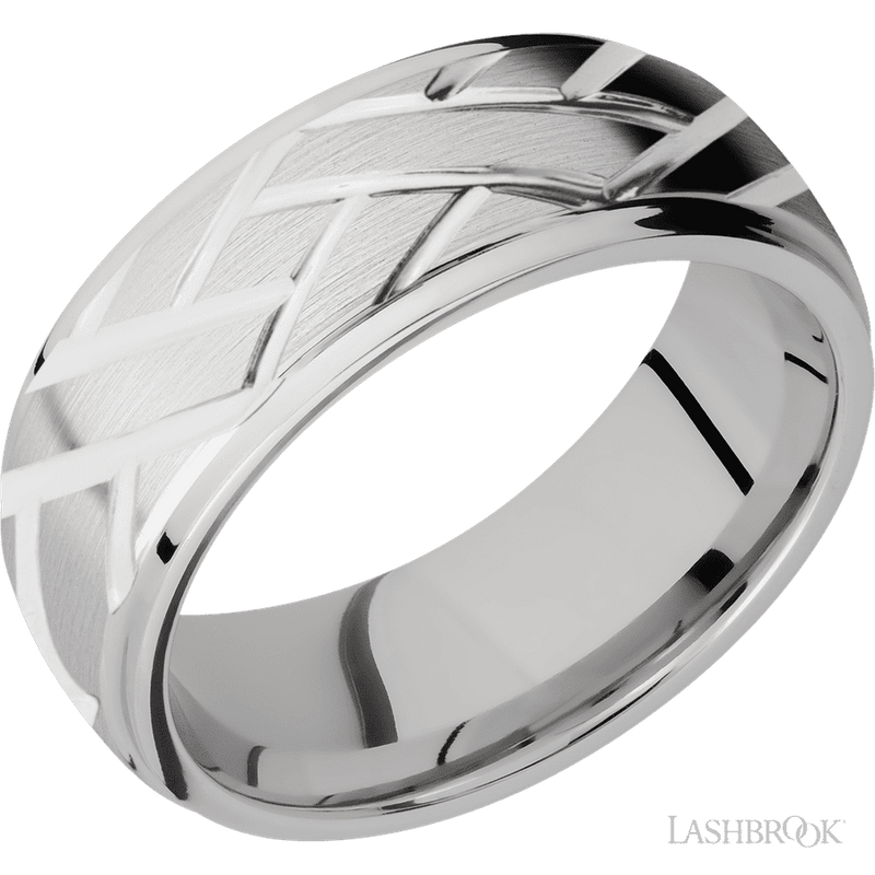 8 mm wide/Domed Stepped Down Edges/14K White Gold band with a machined Lattice pattern.