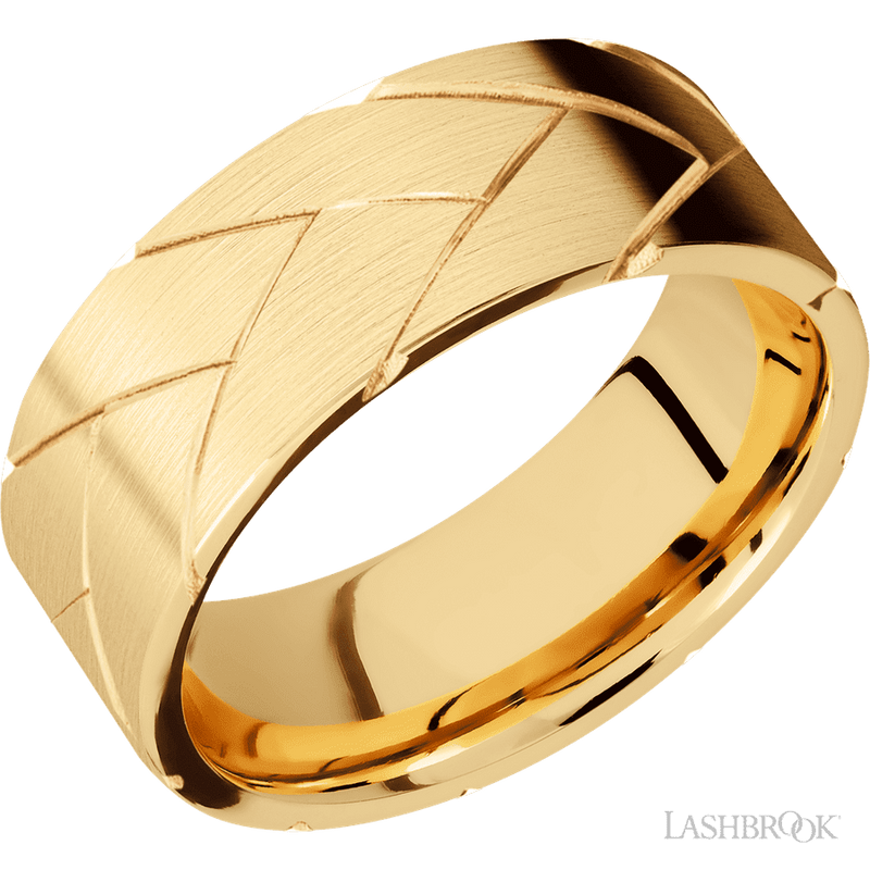 8 mm wide/Flat/14K Yellow Gold band with a machined Flatbraid pattern.