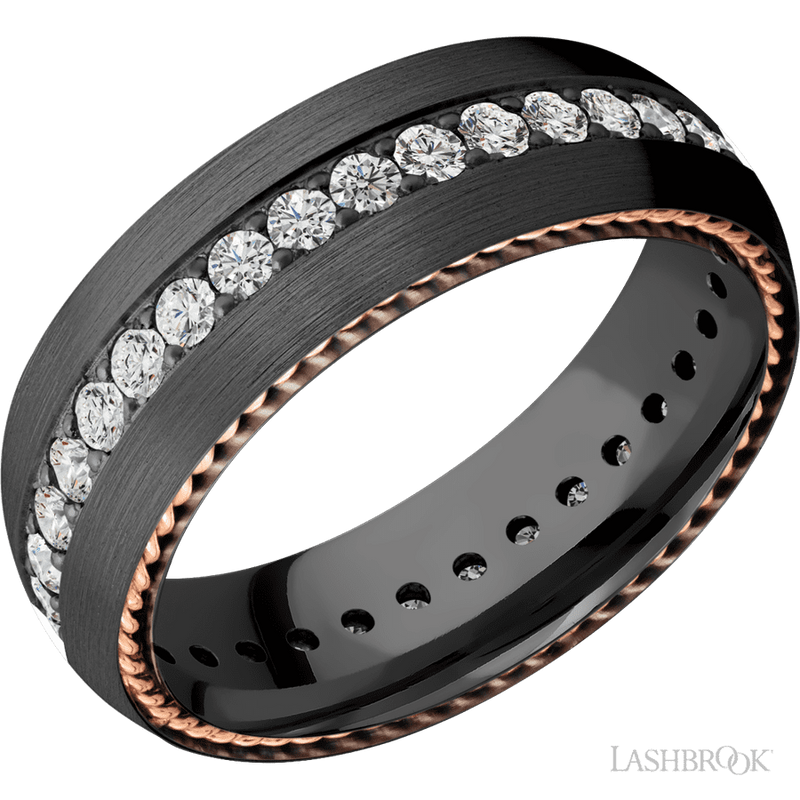 7 mm wide/Domed/Zirconium band with two 1 mm Sidebraid inlays of 14K Rose Gold and featuring an Eternity arrangement of .03 carat Round Lab Grown Diamond stones in a Bead setting