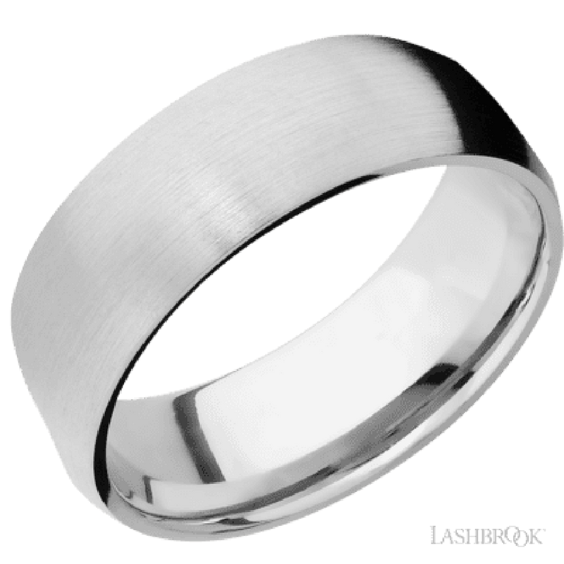8 mm wide/Domed/14K White Gold band with two 1 mm Sidebraid inlays of 14K White Gold and featuring a 3 Row Eternity arrangement of .015 carat Round Diamond stones in a Bead Channel setting