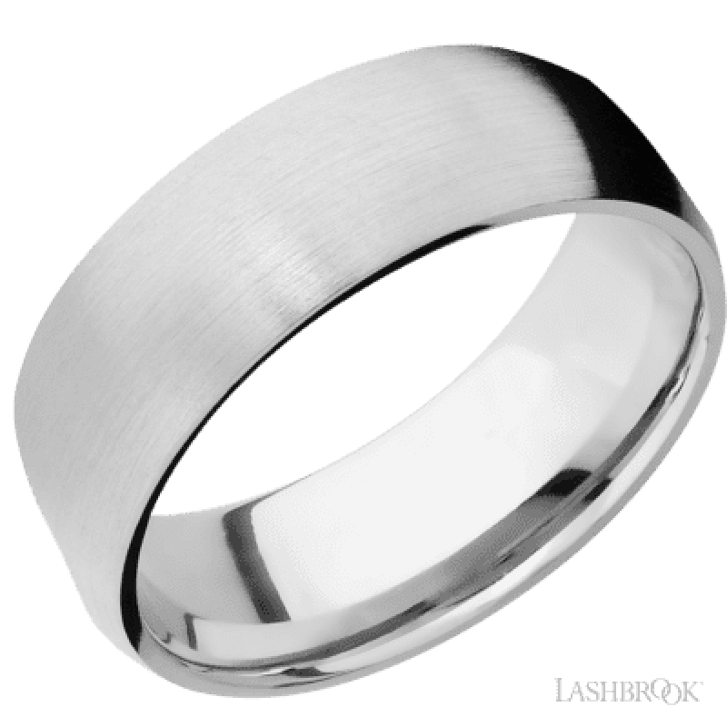 8 mm wide/Domed/14K White Gold band with two 1 mm Sidebraid inlays of 14K White Gold and featuring a 3 Row Eternity arrangement of .015 carat Round Diamond stones in a Bead Channel setting