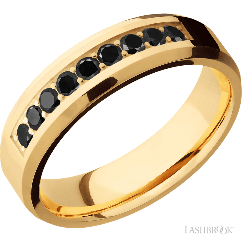 6 mm wide/Beveled/14K Yellow Gold band with an arrangement of 9, .05 carat Round Black Diamond stones in a Bead Channel setting.