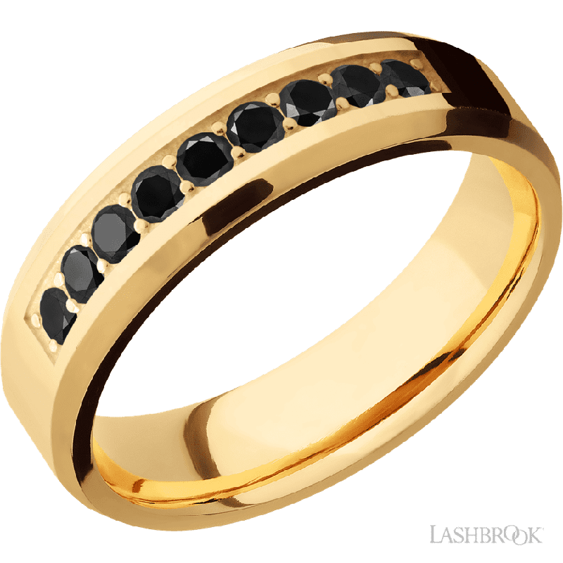 6 mm wide/Beveled/14K Yellow Gold band with an arrangement of 9, .05 carat Round Black Diamond stones in a Bead Channel setting.