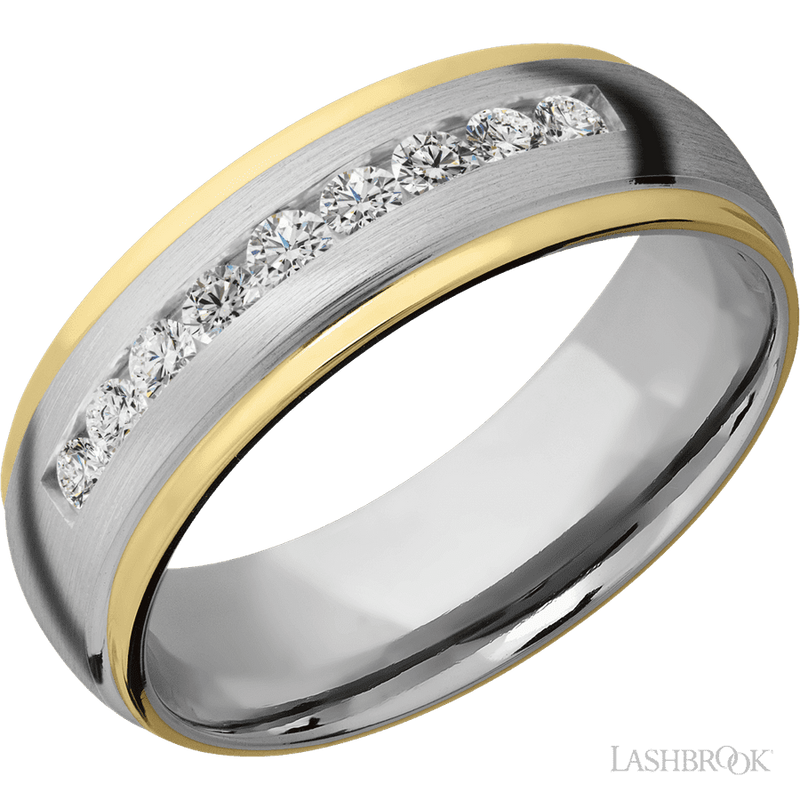7 mm wide/Domed Stepped Down Edges/Cobalt Chrome band with two 1 mm Edge inlays of 14K Yellow Gold and featuring an arrangement of 9, .05 carat Round Diamond stones in a Channel setting