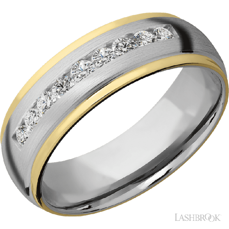 7 mm wide/Domed Stepped Down Edges/Cobalt Chrome band with two 1 mm Edge inlays of 14K Yellow Gold and featuring an arrangement of 9, .05 carat Round Diamond stones in a Channel setting