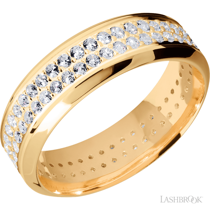 7 mm wide/High Bevel/14K Yellow Gold band with a 2 Row Eternity arrangement of .015 carat Round Diamond stones in a Bead Channel setting.