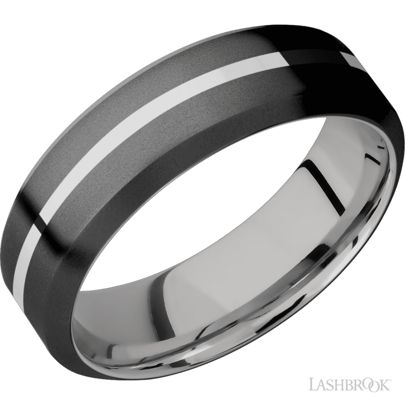 7 mm wide/High Bevel/Zirconium band with one 1 mm Centered inlay of Palladium Silver also featuring a Palladium Silver sleeve.