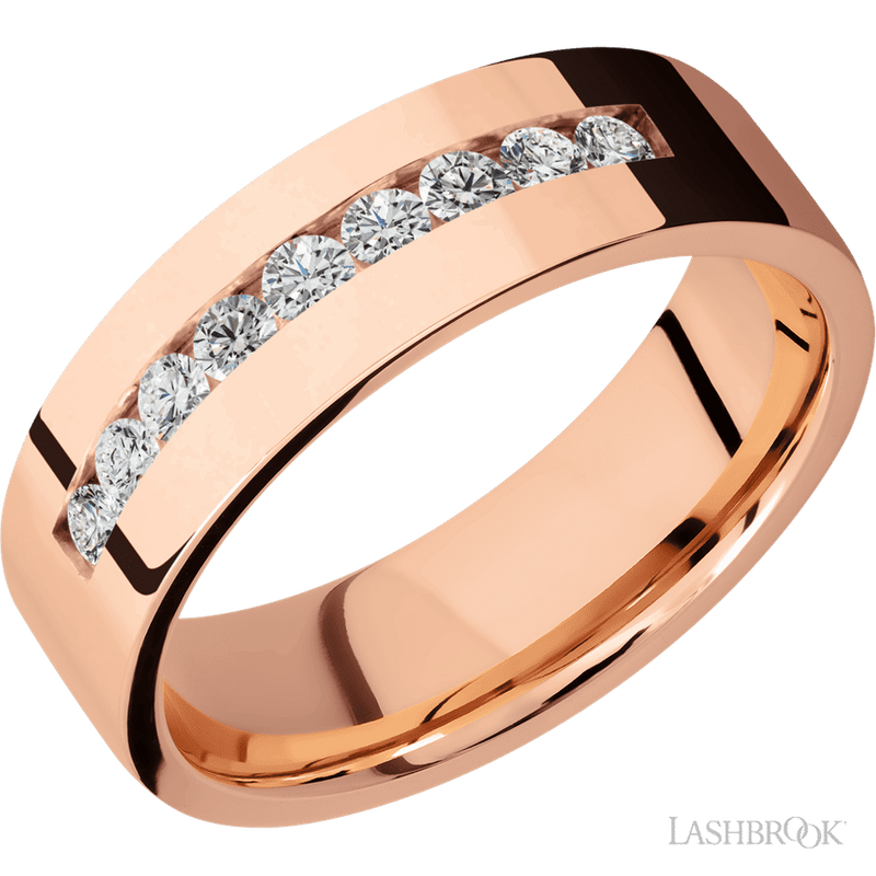 7 mm wide/Flat/14K Rose Gold band with an arrangement of 9, .05 carat Round Diamond stones in a Channel setting.
