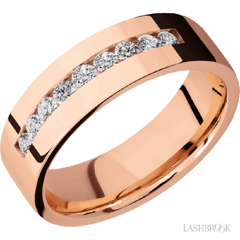 7 mm wide/Flat/14K Rose Gold band with an arrangement of 9, .05 carat Round Diamond stones in a Channel setting.