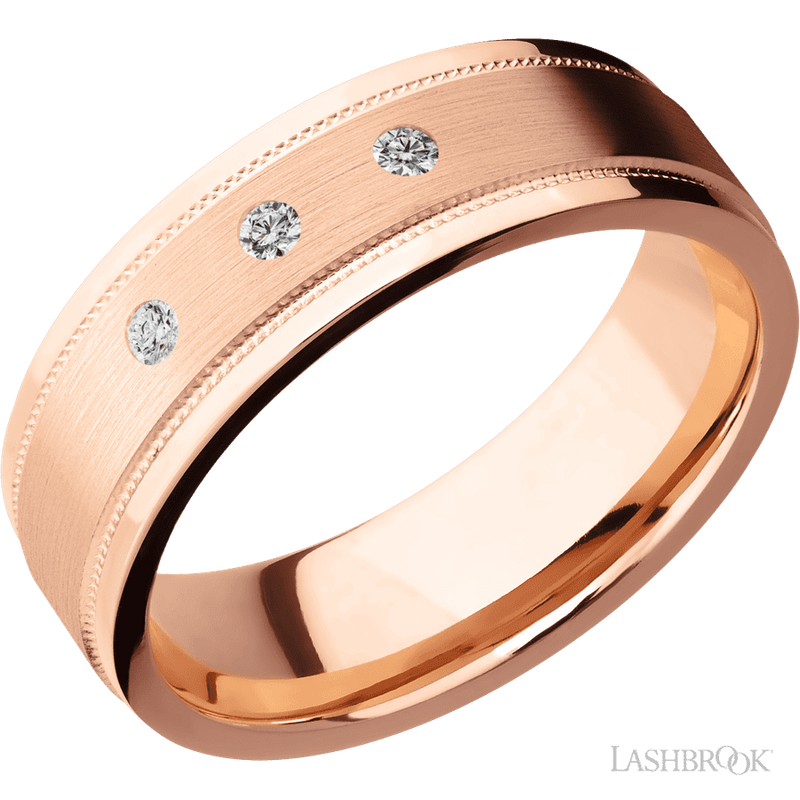 7 mm wide/Flat Stepped Edges Milgrain/14K Rose Gold band with an arrangement of 3, .03 carat Round Diamond stones in a Flush setting.