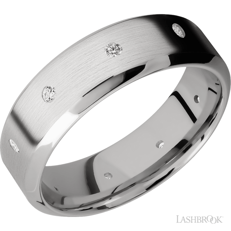 7 mm wide/High Bevel/14K White Gold band with a 9X Even arrangement of .03 carat Round Diamond stones in a Flush setting.
