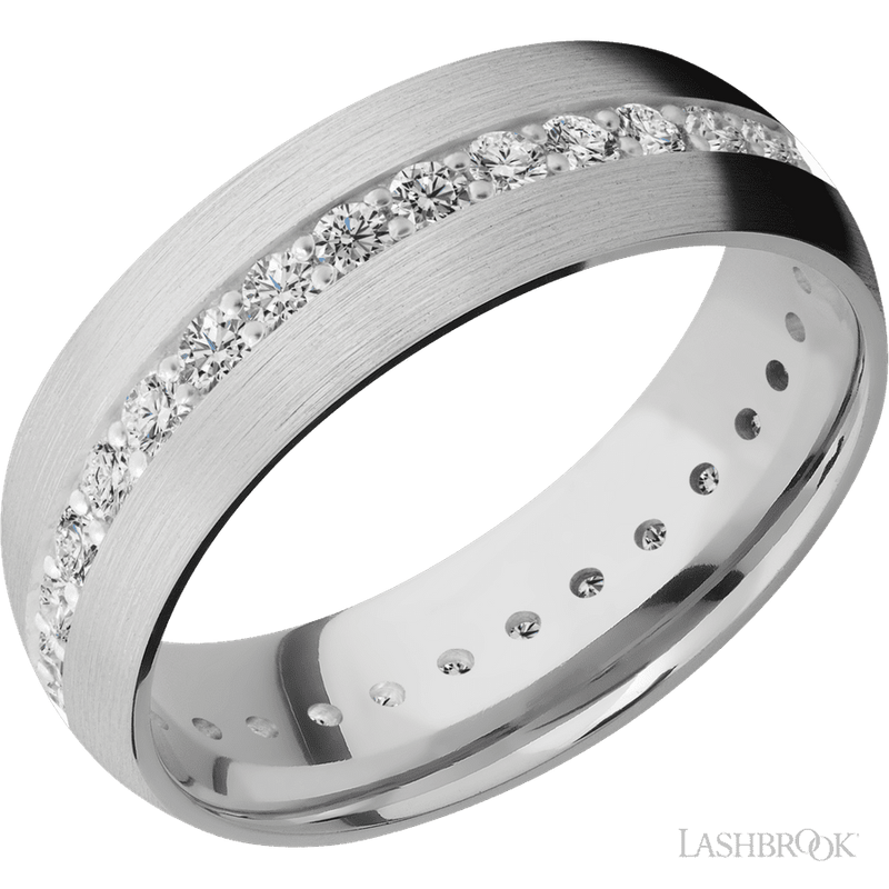 7 mm wide/Domed/14K White Gold band with an Eternity arrangement of .03 carat Round Diamond stones in a Bead Channel setting.