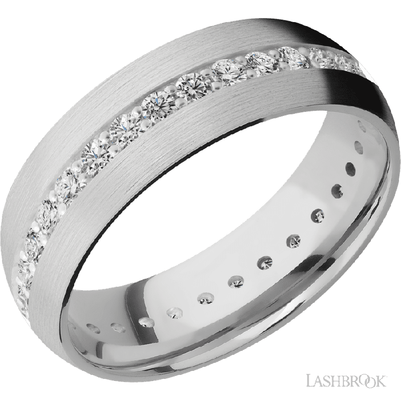 7 mm wide/Domed/14K White Gold band with an Eternity arrangement of .03 carat Round Diamond stones in a Bead Channel setting.