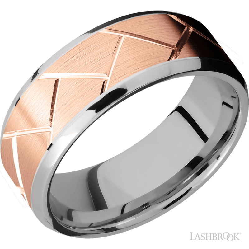 8 mm wide/Beveled/14K White Gold band with one 6 mm Centered inlay of 14K Rose Gold with a machined Flatweave pattern.