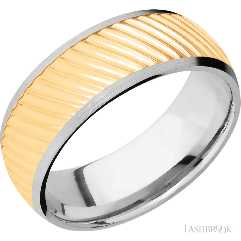 8 mm wide/Domed/14K White Gold band with one 6 mm Centered inlay of 14K Yellow Gold with a machined Ripple pattern.