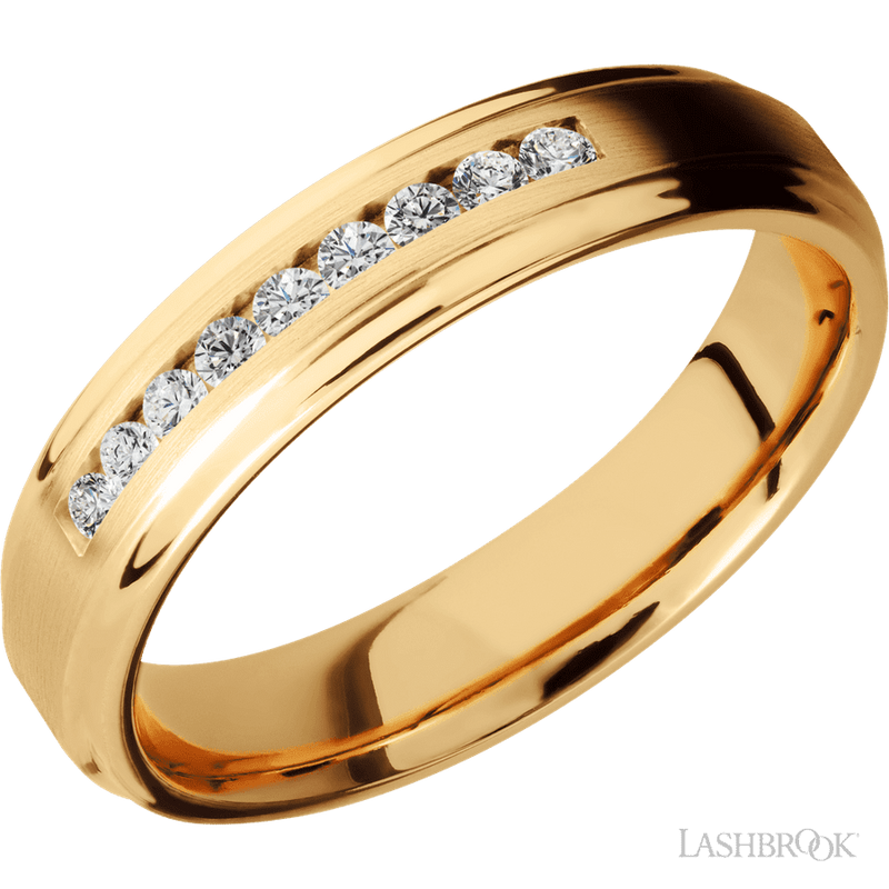 5 mm wide/Flat Grooved Edges/14K Yellow Gold band with an arrangement of 9, .03 carat Round Diamond stones in a Channel setting.