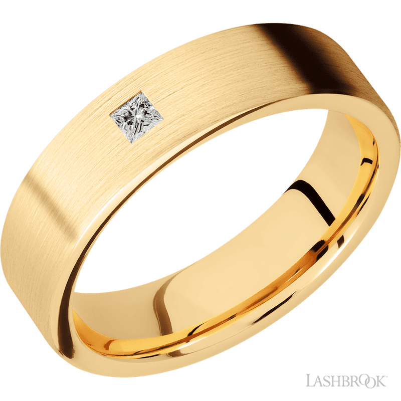 6 mm wide/Flat/14K Yellow Gold band with an arrangement of 1, .1 carat Princess Diamond stones in a Flush setting.