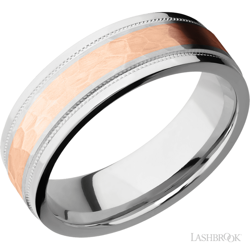 7 mm wide/Flat Stepped Edges Milgrain/Cobalt Chrome band with one 3 mm Centered inlay of 14K Rose Gold.