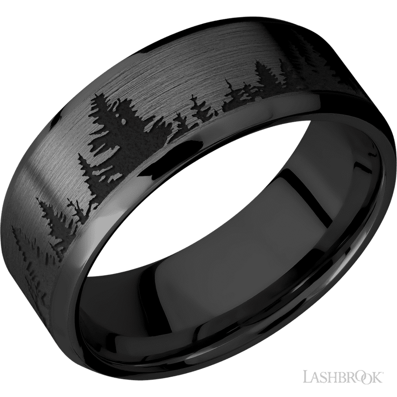 8 mm wide/Beveled/Zirconium band with a laser carved Trees pattern.