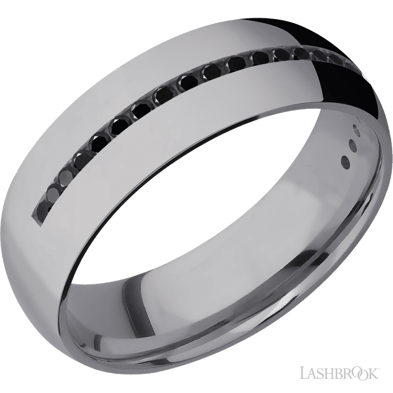 7 mm wide/Domed/Tantalum band with a Half Eternity arrangement of .015 carat Round Black Diamond stones in a Channel setting.