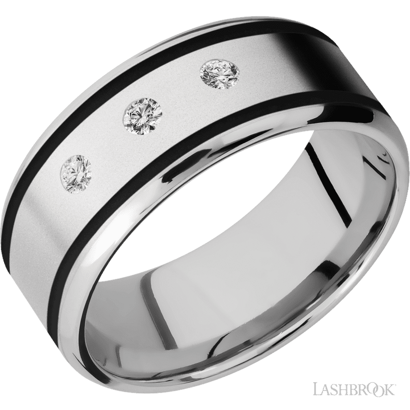 9 mm wide/Beveled/Cobalt Chrome band with two 1 mm Wide inlays of Black and featuring an arrangement of 3, .05 carat Round Diamond stones in a Flush setting