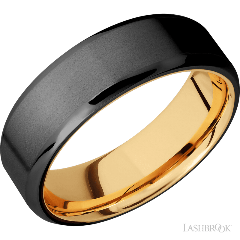 7 mm wide Beveled Zirconium band featuring a 14K Yellow Gold sleeve.