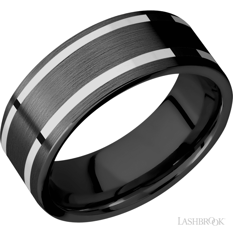 8 mm wide/Flat/Zirconium band with two 1 mm Wide inlays of 14K White Gold.