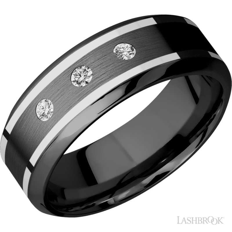 8 mm wide/High Bevel/Zirconium band with two 1 mm Wide inlays of 14K White Gold and featuring an arrangement of 3, .05 carat Round Diamond (ST) stones in a Flush setting