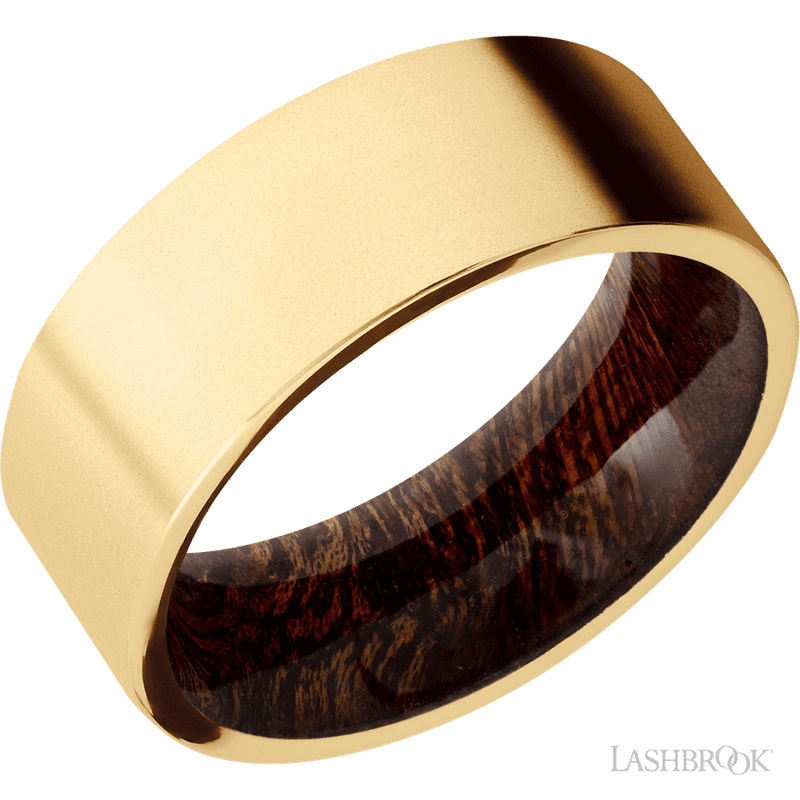 8 mm wide Flat 14K Yellow Gold band featuring a Sapele sleeve.