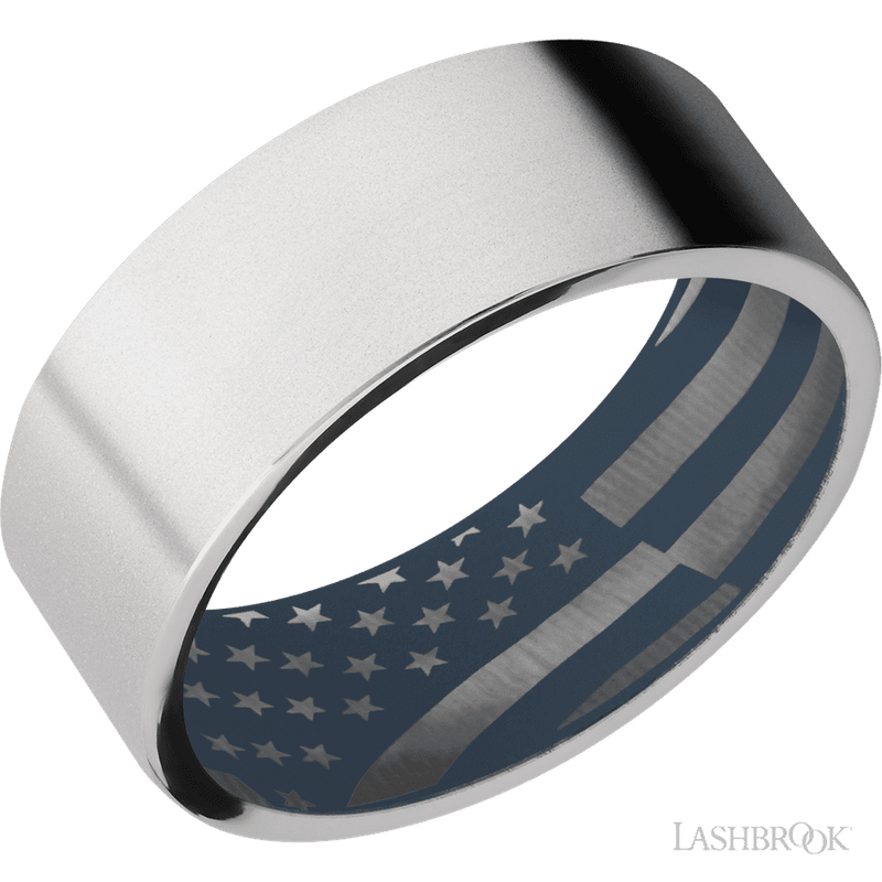 8 mm wide Flat Cobalt Chrome band featuring a Navy Blue sleeve.