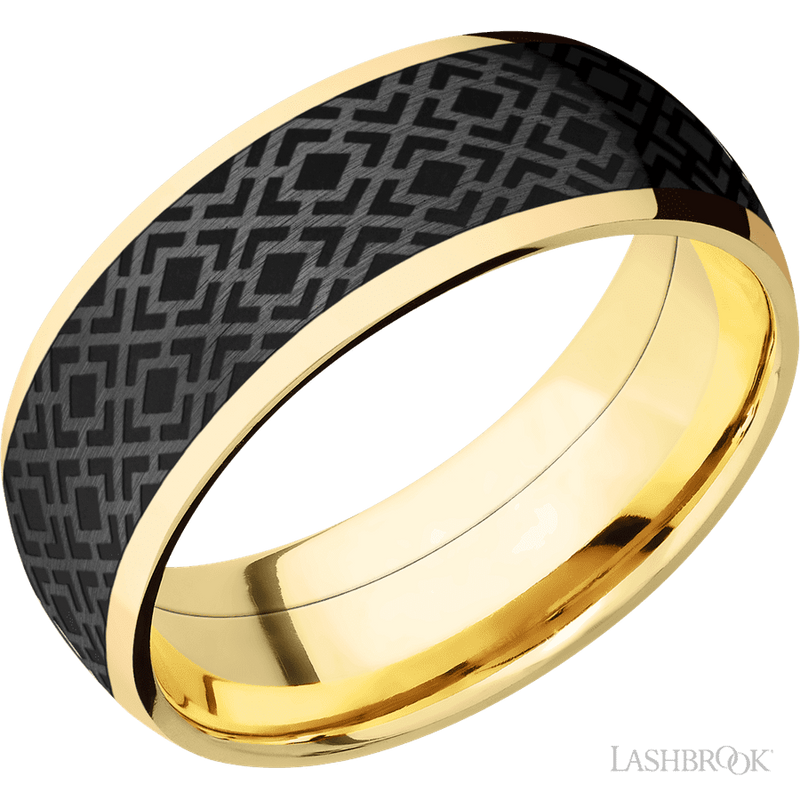 8 mm wide/Domed/14K Yellow Gold band with one 6 mm Centered inlay of Zirconium with a laser carved Trellis 2 pattern.