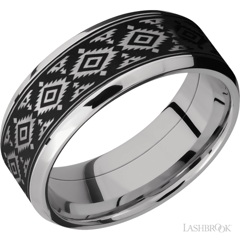 8 mm wide/Beveled/Cobalt Chrome band with one 6 mm Centered inlay of Tantalum with a laser carved Aztec 2 pattern.