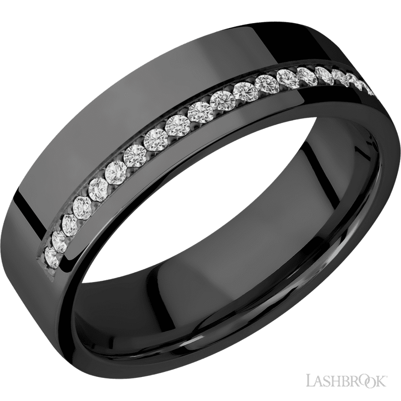 7 mm wide/Flat/Zirconium band with a Off Center Half Eternity arrangement of .015 carat Round Diamond stones in a Bead setting.