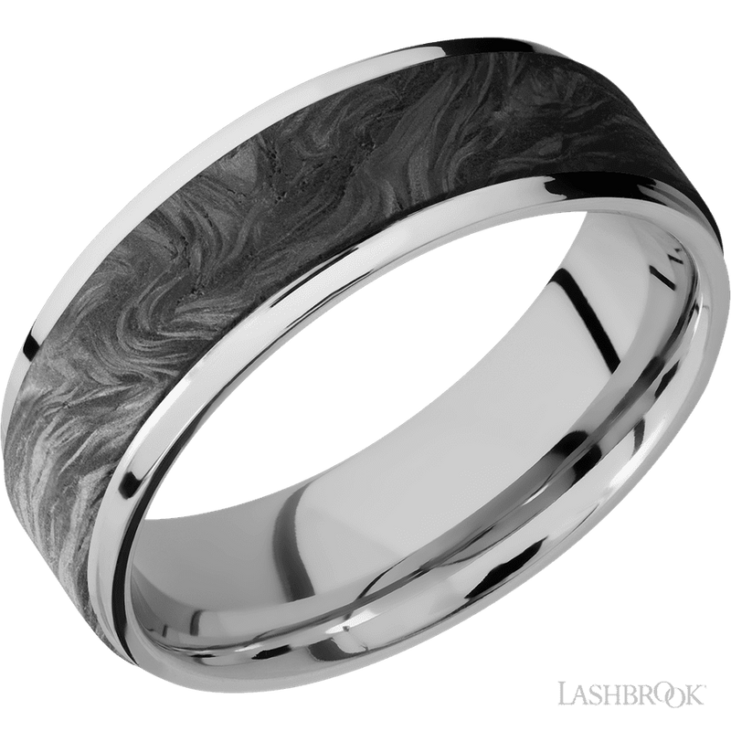 7 mm wide/Flat Grooved Edges/Cobalt Chrome band with one 5 mm Raised Centered inlay of Forged Carbon Fiber.