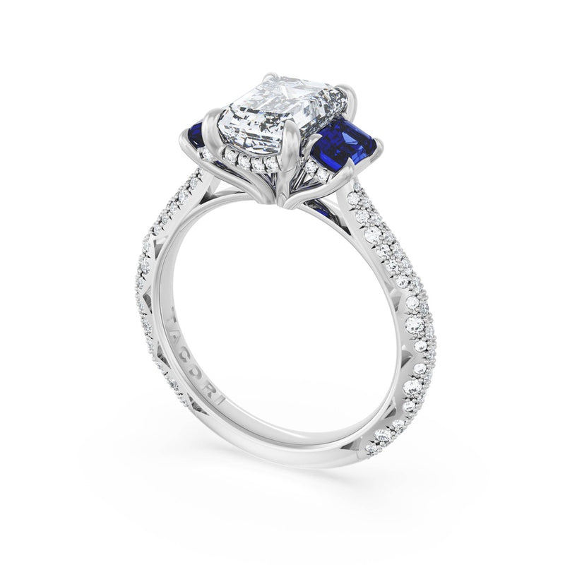 Emerald 3-Stone Engagement Ring in Blue Sapphire