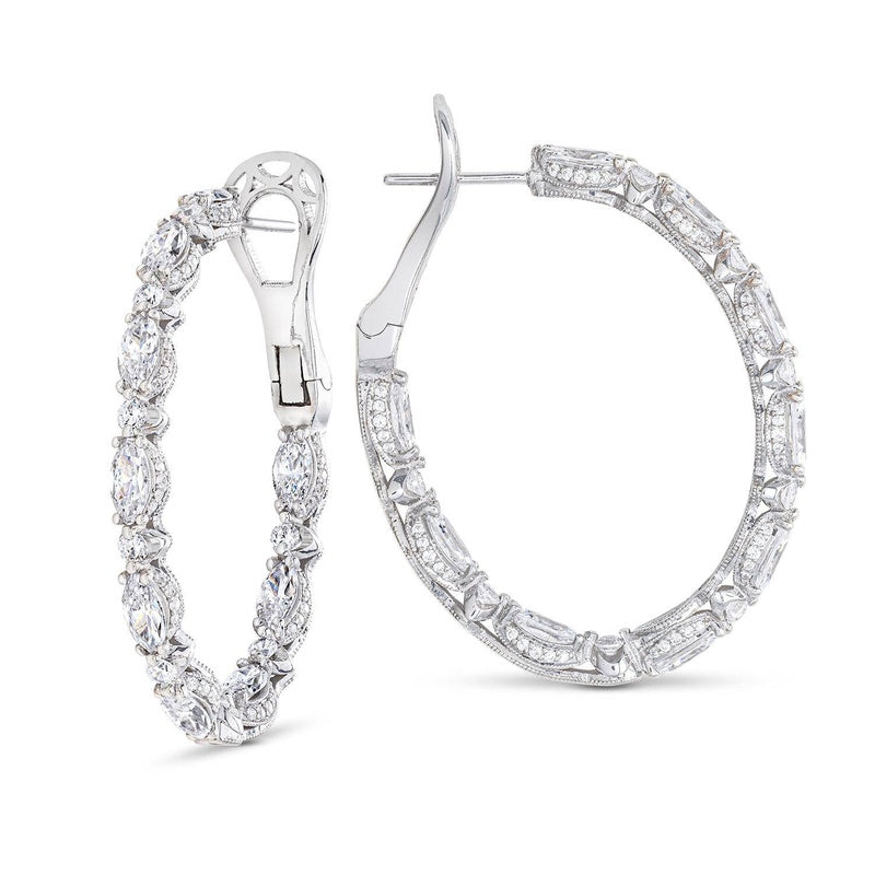 Marquise and Round Cut Oval Diamond Hoop Earrings in 14kt White Gold