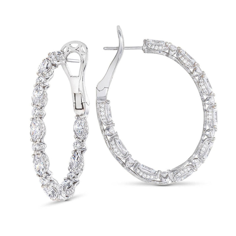 Marquise and Round Cut Oval Diamond Hoop Earrings in Platinum