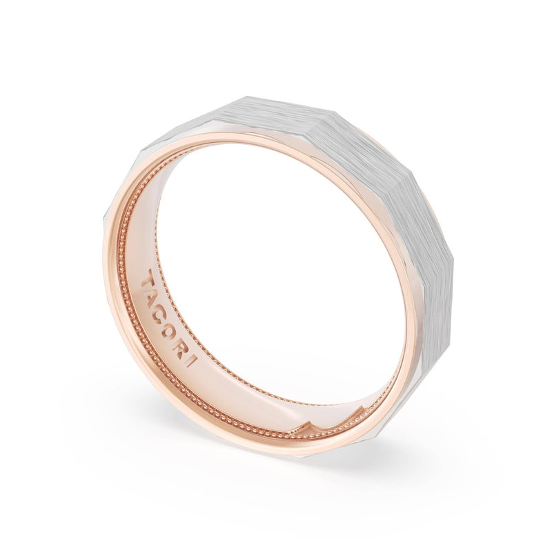 Brush Finish Faceted Wedding Band in 18kt Rose Gold & Platinum