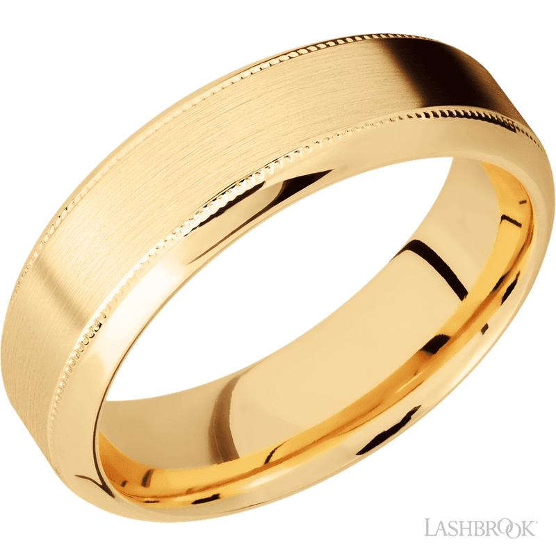 7 mm wide High Bevel Milgrain 14K Yellow Gold band.