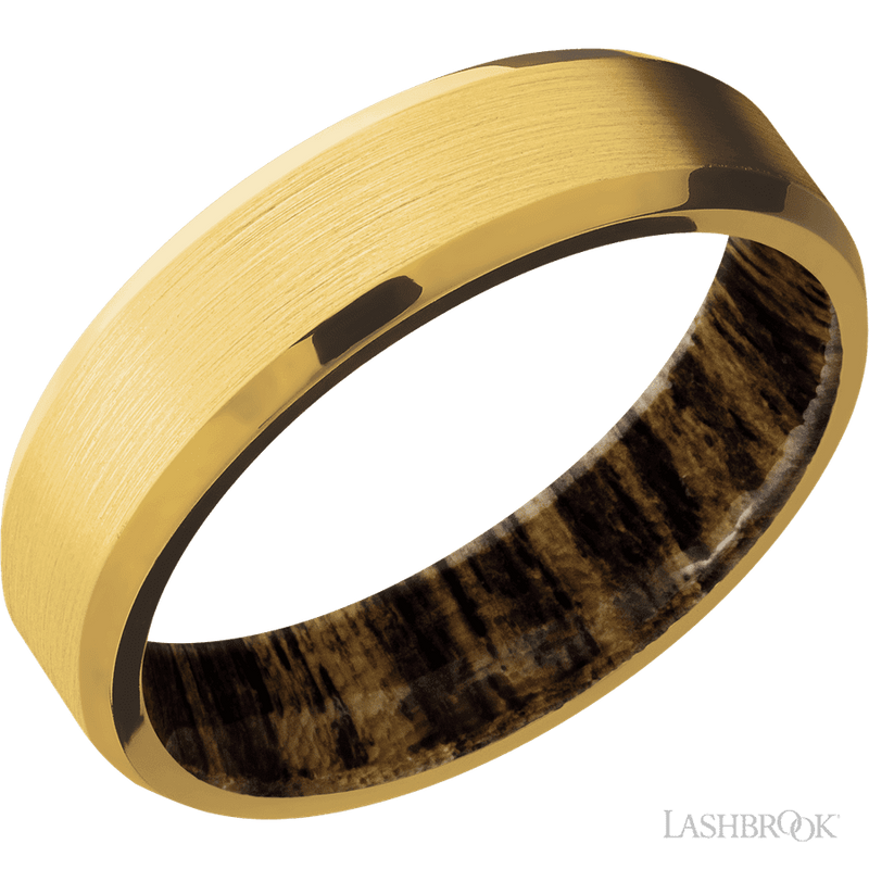 6 mm wide Beveled 18K Yellow Gold band featuring a Bocote sleeve.
