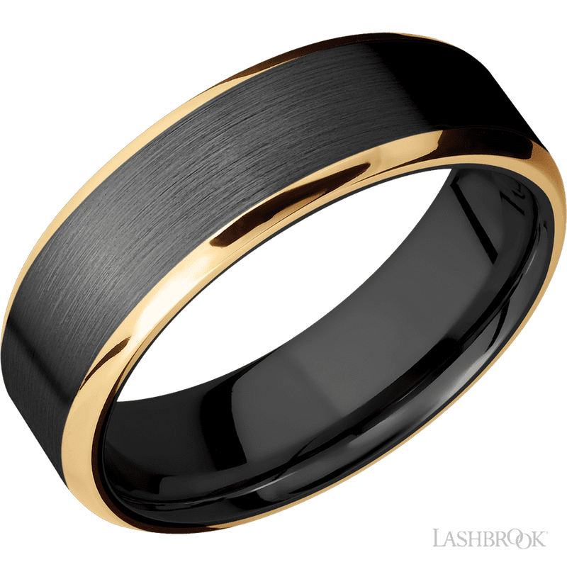 7 mm wide/Beveled/Zirconium band with two 1 mm Edge inlays of 14K Yellow Gold.