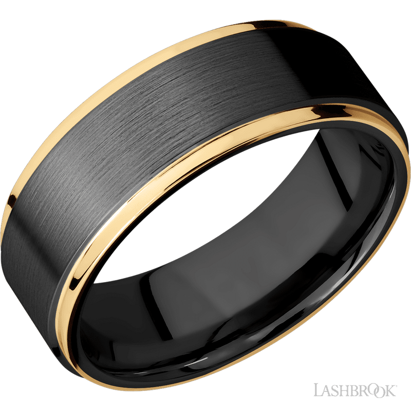 8 mm wide/Flat Grooved Edges/Zirconium band with two 1 mm Edge inlays of 14K Yellow Gold.