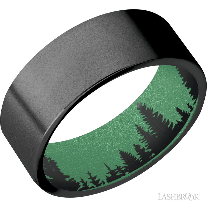 8 mm wide Flat Zirconium band featuring a Squatch sleeve.