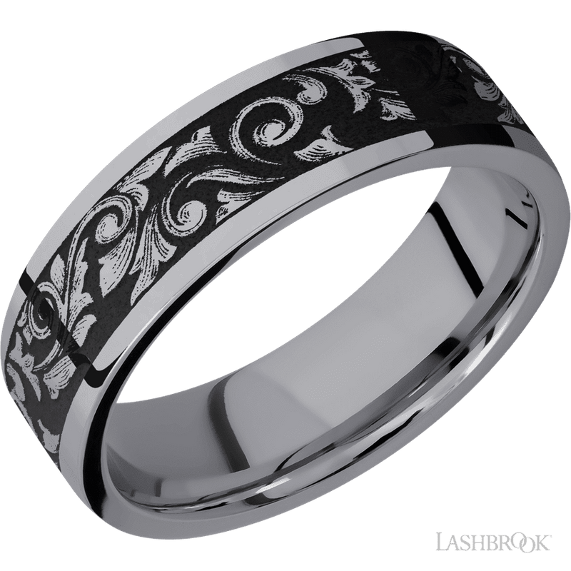 7 mm wide/Flat/Tantalum band with a laser carved Western Scroll pattern.