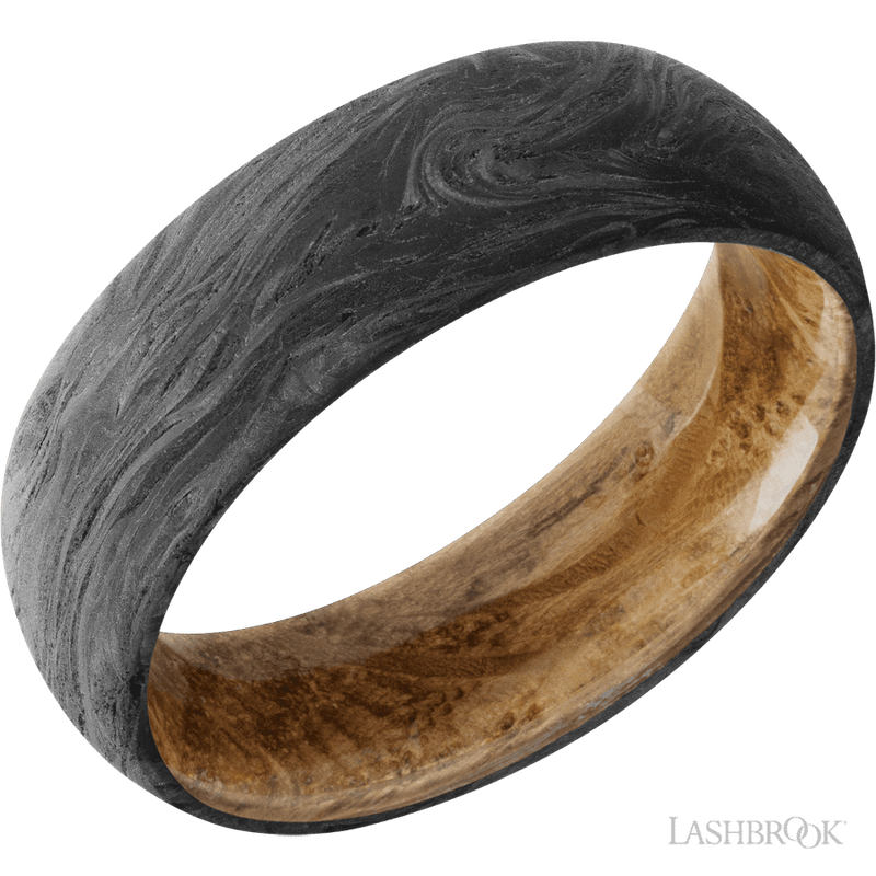7 mm wide Domed Forged Carbon Fiber band featuring a Whiskey Barrel sleeve.