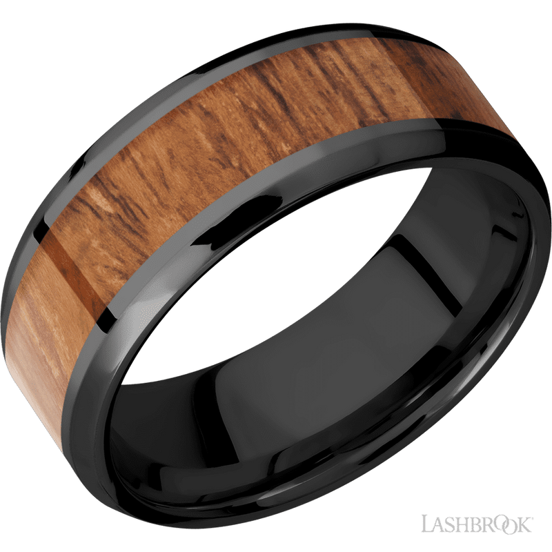 8 mm wide/Beveled/Zirconium band with one 5 mm Centered inlay of Desert Iron Wood.