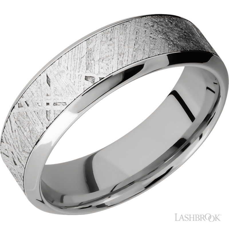 7 mm wide/High Bevel/18K White Gold band with one 4 mm Centered inlay of Meteorite.