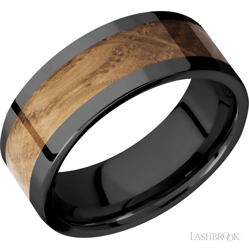 8 mm wide/Flat/Zirconium band with one 5 mm Centered inlay of Whiskey Barrel.