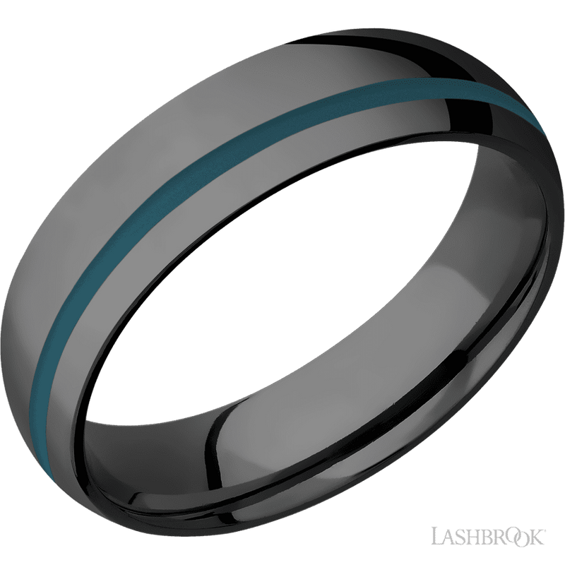 6 mm wide/Domed/Zirconium band with one 1 mm Off Center inlay of Ridgeway Blue.