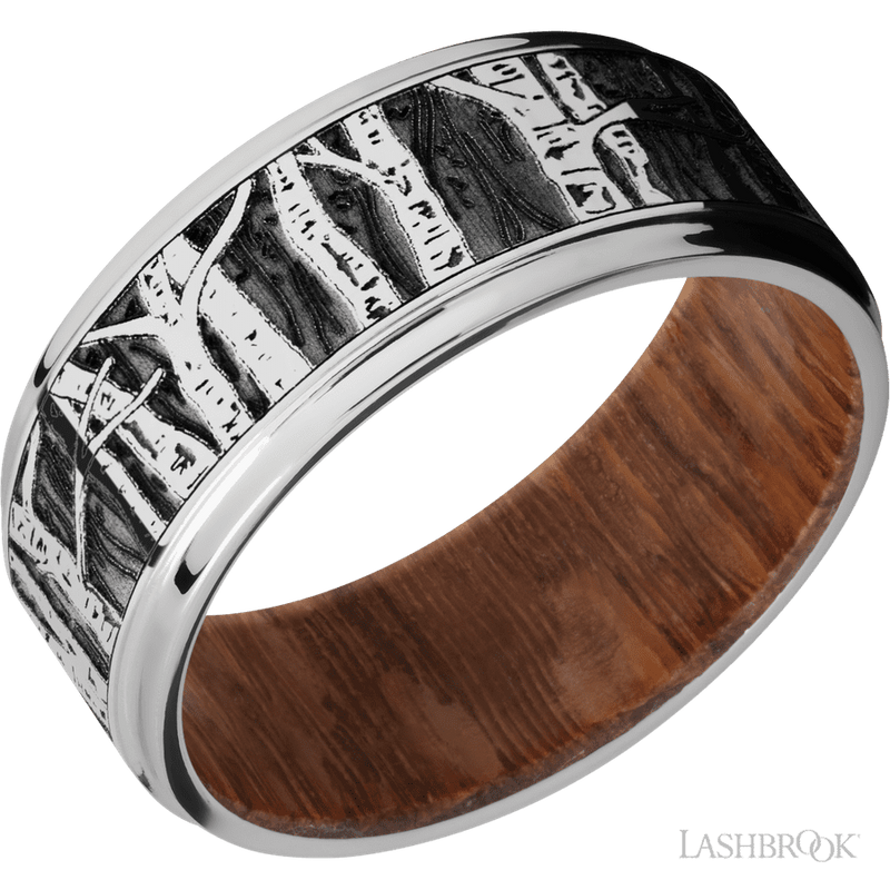 9 mm wide/Flat Grooved Edges/Cobalt Chrome band with a laser carved Aspen pattern also featuring a Leopard Wood sleeve.